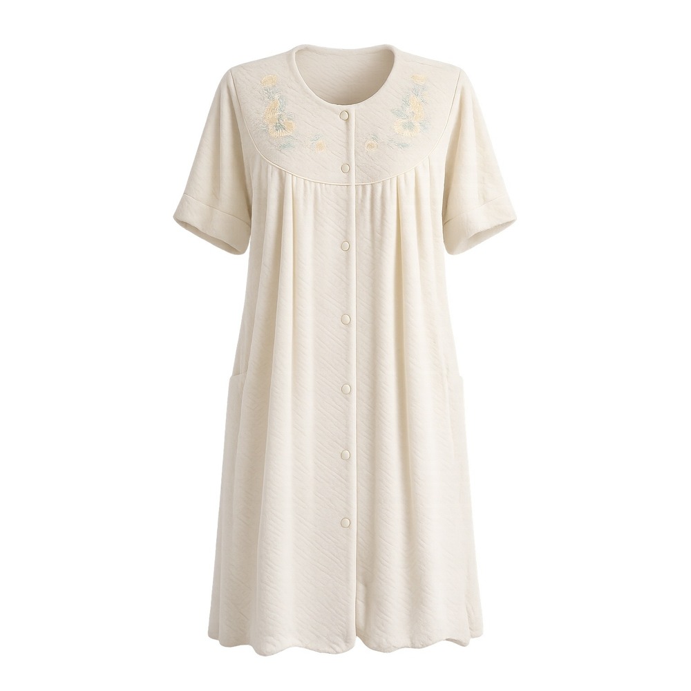 Miss Elaine Housecoat M Ivory Floral Embroidered Button Front Pocket Grandmacore